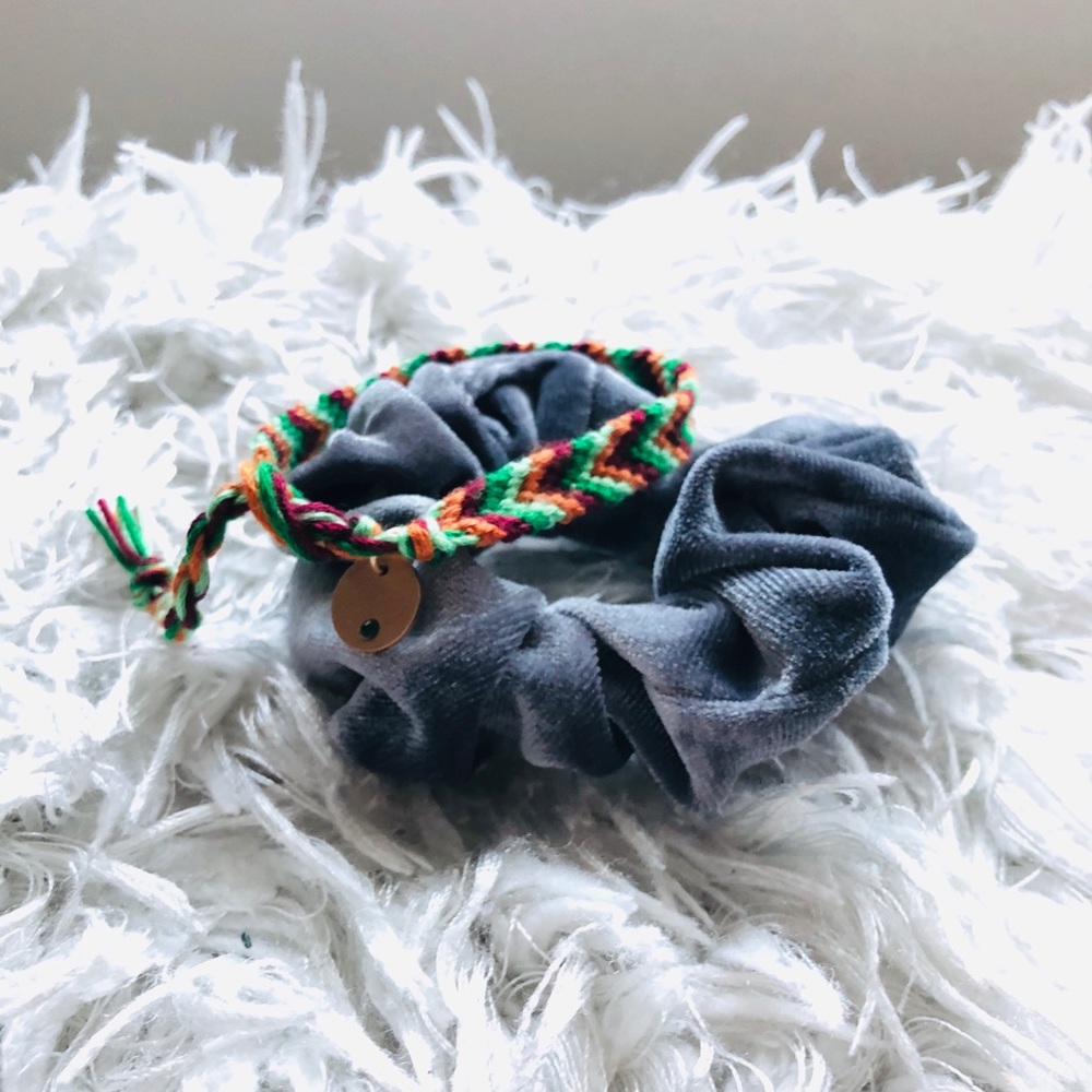 Gray scrunchie & embroidered bracelet w/charm